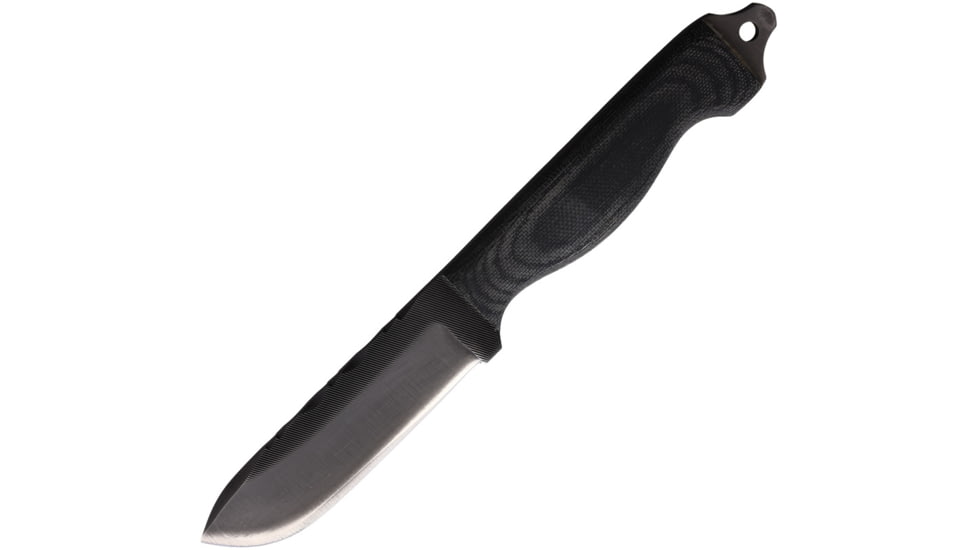 Anza Boddington Micarta Fixed Blade Knife, 9in Overall, 4.25in Stainless Steel Blade, Black Micarta Handle, Black Leather Belt Sheath, BODD M