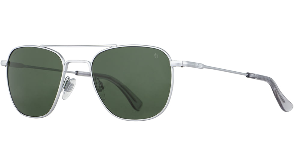 AO Original Pilot 4 Sunglasses, Matte Silver Frame, Green Glass Polarized Lens, Standard Temple w/ Smoke Temple Tip, 52-20-140, OP-452STSMGNG-P