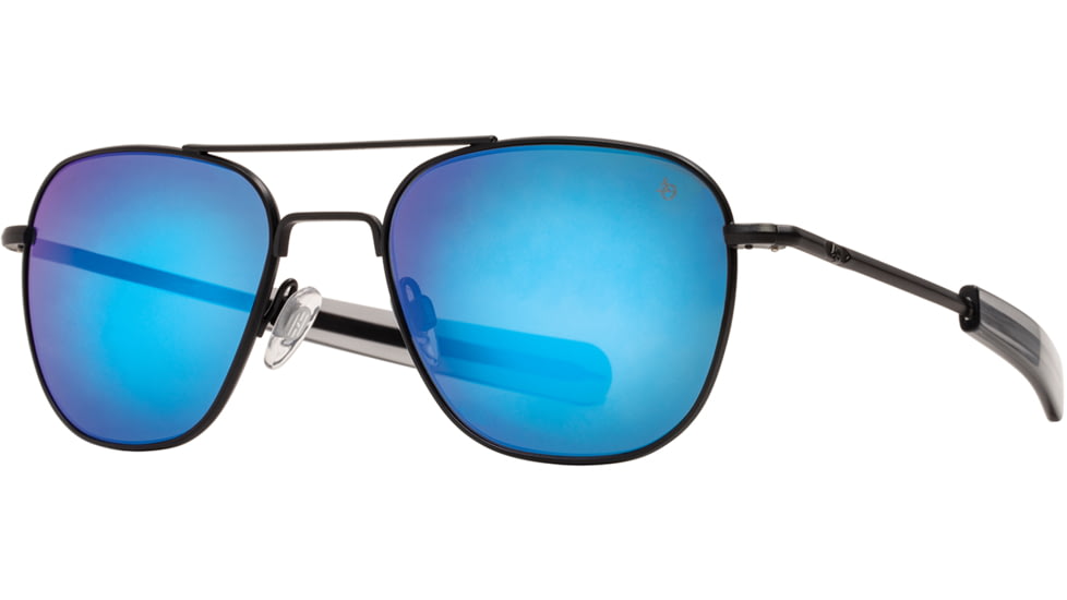 AO Original Pilot Sunglasses, Black Frame, 57 mm SunFlash Blue Mirror AOLite Nylon Lenses, Bayonet Temple, Polarized, 738921564874