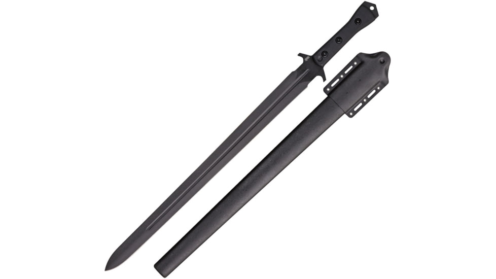 APOC by Dragon King Atrim Broad Sword, 29.5in Overall, 23in Black Double Edge SS Blade, Black G10 Handle, SS Guard, Glass Breaker, Black Nylon Scabbard, SD35580