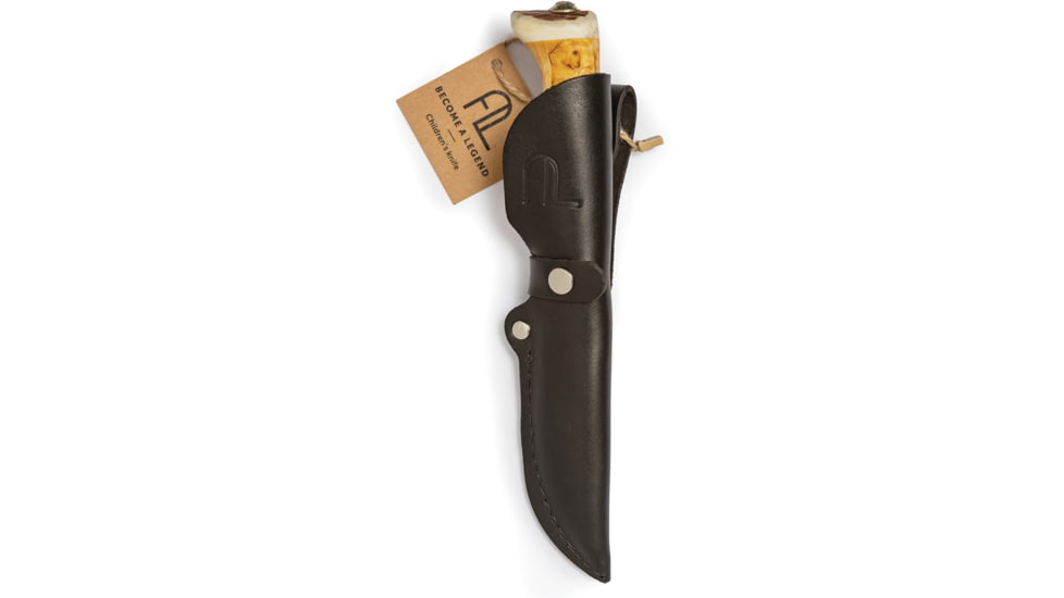 Arctic Legend Curly Birch Child's Knife, 7.25in Overall, 3in Satin Stainless Blunt Tip Blade, Curly Birch Handle, Black Leather Belt Sheath, AL-115