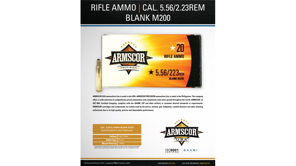 Armscor Precision Inc .223 Remington/5.56x45mm NATO Blank Brass Cased Rifle Ammo, 20 Rounds, 50172PH-20RD