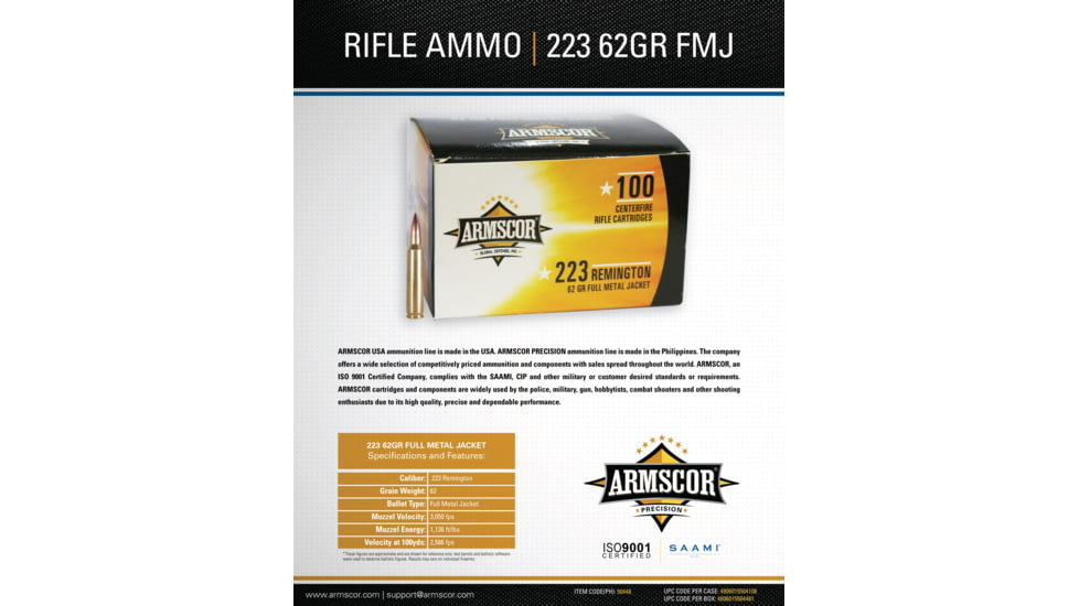 Armscor Precision Inc .223 Remington 62 Grain Full Metal Jacket Brass Cased Rifle Ammo, 100 Rounds, 50448-100RD