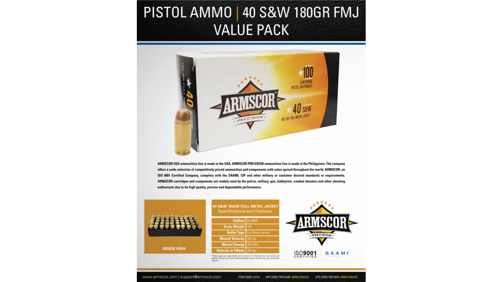 Armscor Precision Inc .40 S&amp;W 180 Grain Full Metal Jacket Brass Cased Pistol Ammo, 100 Rounds, 50316-100RD