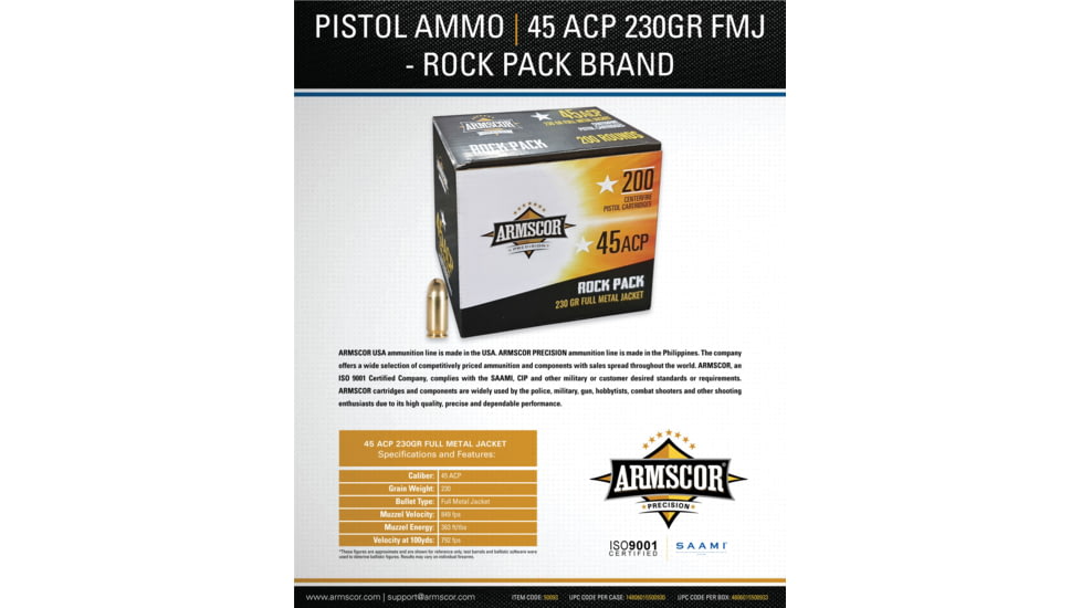 Armscor Precision Inc .45 ACP 230 Grain Full Metal Jacket Brass Cased Pistol Ammo, 200 Rounds, 50093-200RD