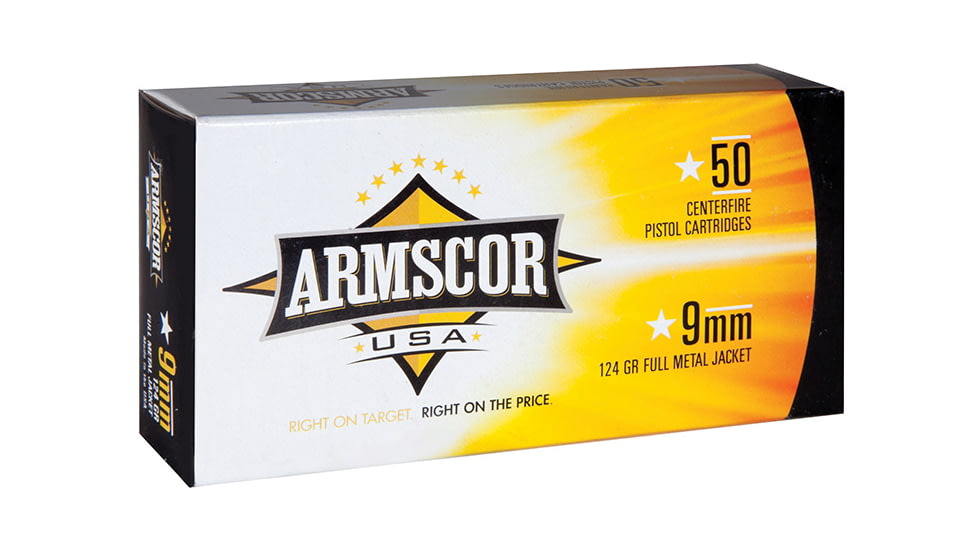 Armscor Precision Inc 9mm 124 Grain Full Metal Jacket Brass Cased Pistol Ammo, 50 Rounds, 50282