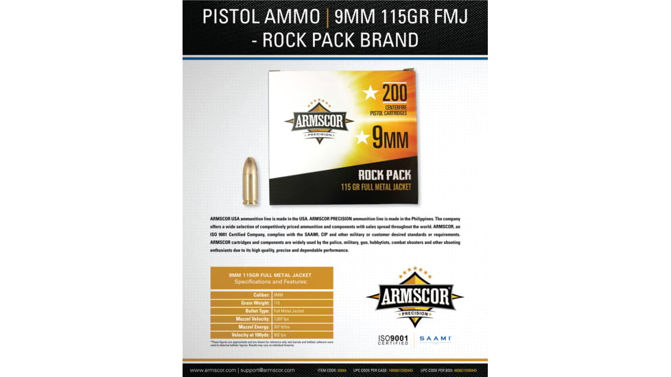Armscor Precision Inc 9mm Luger 115 Grain Full Metal Jacket Brass Cased Pistol Ammo, 200 Rounds, 50044-200RD