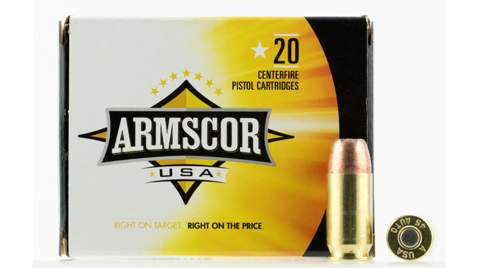 Armscor Precision Inc USA .45 ACP 230 Grain Jacketed Hollow Point Brass Cased Pistol Ammo, 20 Rounds, FAC45A-10N-20RD