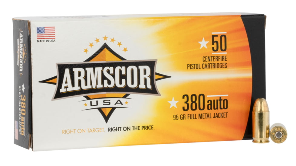 Armscor Precision Inc USA .380 ACP 95 Grain Full Metal Jacket Brass Cased Pistol Ammo, 50 Rounds, FAC380-2N-50RD