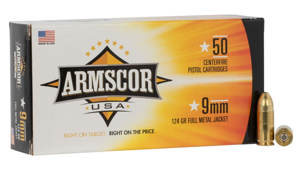 Armscor Precision Inc USA 9mm Luger 124 Grain Full Metal Jacket Brass Cased Pistol Ammo, 50 Rounds, FAC9-4-50RD