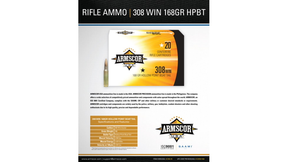Armscor Precision Inc USA .308 Winchester 168 Grain Hollow Point Boat Tail Brass Cased Rifle Ammo, 20 Rounds, FAC308-2N-20RD