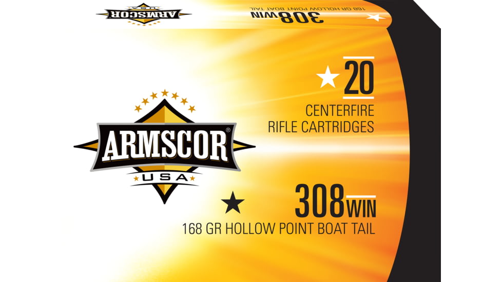 Armscor Precision Inc USA .308 Winchester 168 Grain Hollow Point Boat Tail Brass Cased Rifle Ammo, 20 Rounds, FAC308-2N-20RD