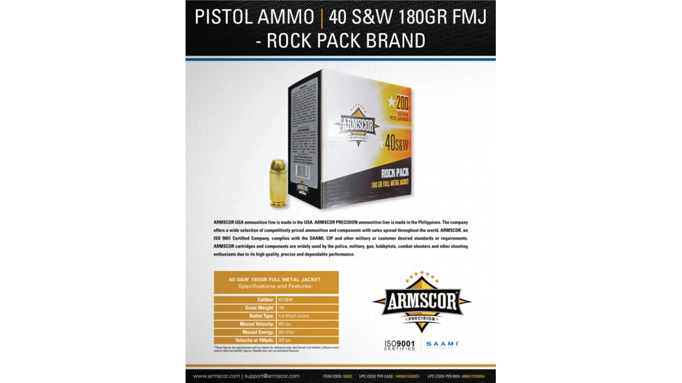 Armscor Precision Inc USA .40 S&amp;W 180 Grain Full Metal Jacket Brass Cased Pistol Ammo, 200 Rounds, 50083-200RD