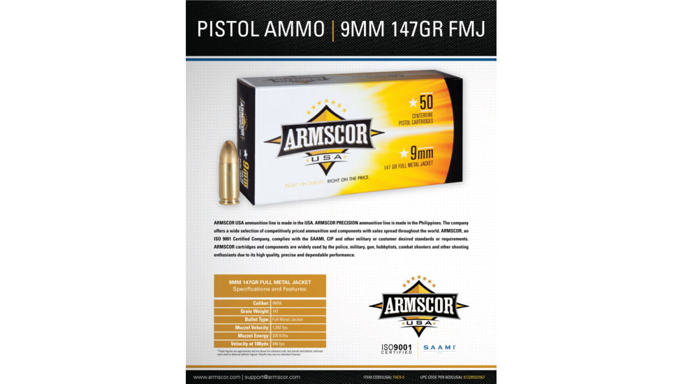 Armscor Precision Inc USA 9mm Luger 147 Grain Full Metal Jacket Brass Cased Pistol Ammo, 50 Rounds, FAC9-5-50RD