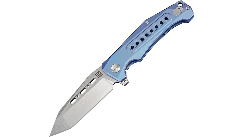 Artisan Cutlery Jungle Framelock Folding Knife, Jungle Framelock, 5in Closed, 4in Stonewash S35Vn SS Tanto Blade, Blue Anodized Titanium Handle, Pocket Clip, Metal Gift Tin, Black Nylon Zippered Storage Case, 1705G-BUS