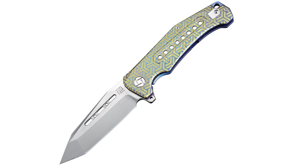 Artisan Cutlery Jungle Framelock Folding Knife, Jungle Framelock, 5in Closed, 4in Stonewash S35Vn SS Tanto Blade, Blue/Gold Titanium Handle, Geometric Handle Pattern, Metal Gift Tin, Black Nylon Zippered Storage Case, 1705G-BU02