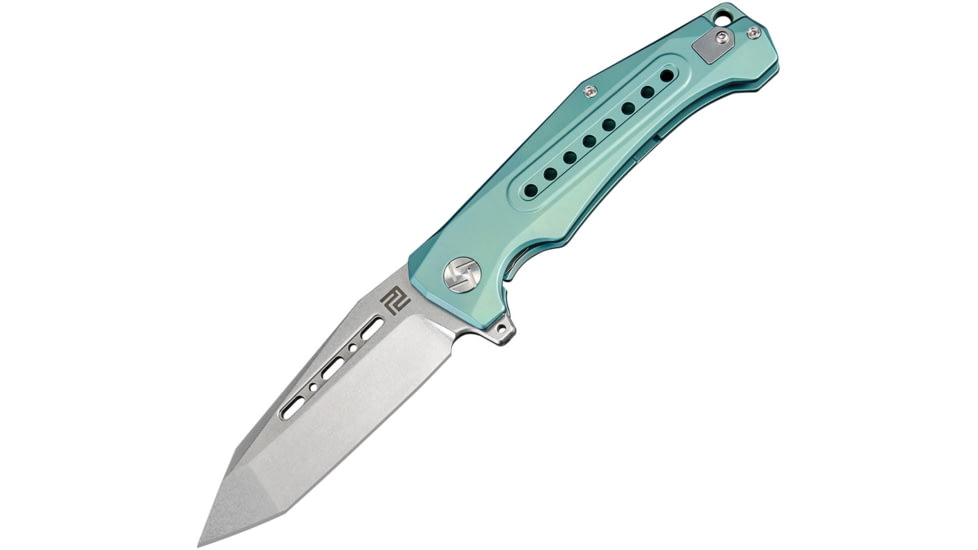 Artisan Cutlery Jungle Framelock Folding Knife, Jungle Framelock, 5in Closed, 4in Stonewash S35Vn SS Tanto Blade, Green Anodized Titanium Handle, Pocket Clip, Metal Gift Tin, Black Nylon Zippered Storage Case, 1705G-GNS