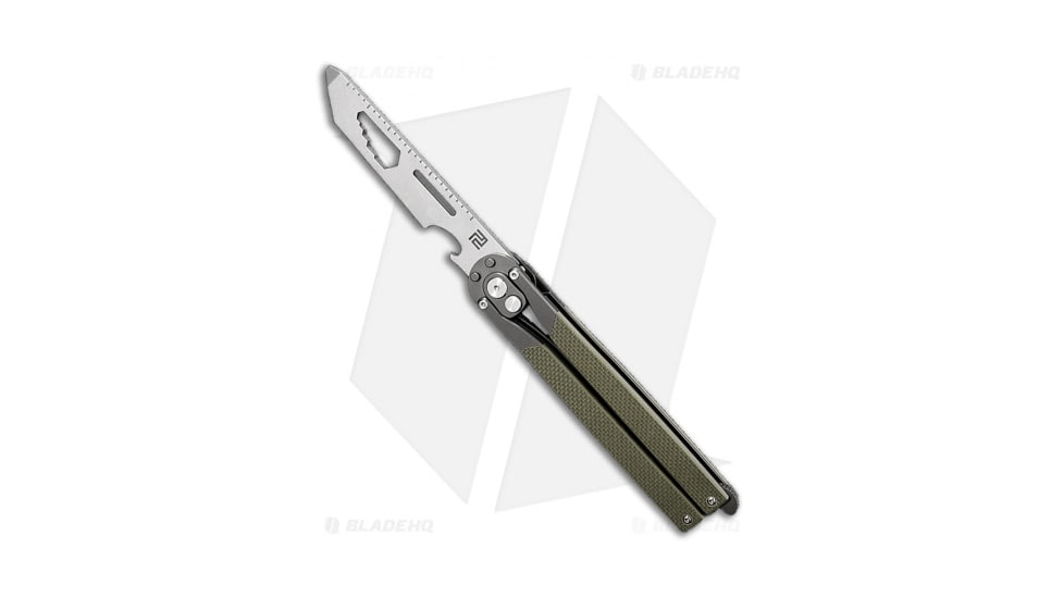 Artisan Cutlery Kinetic-Tool Automatic Butterfly Knife, 4.00in, 8Cr13MoV Stainless Steel, Tanto Blade, G10 OD Green Handle, Steel/OD Green, 9.625in, BHQ-94497