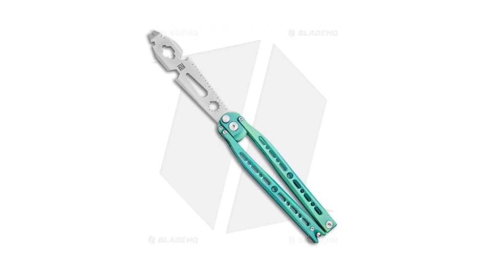 Artisan Cutlery Kinetic-Tool Automatic Butterfly Knife, 4.00in, Stainless Steel, Spear Point Blade, Titanium Blue Handle, Steel/Blue, 9.625in, BHQ-112060