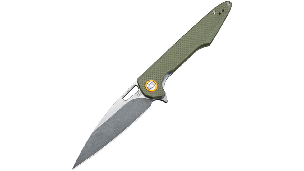 Artisan Cutlery Small Archaeo Linerlock Green Folding Knife, 3 stonewash finish D2 tool steel blade, Green textured G10 handle, 1821PS-GNF