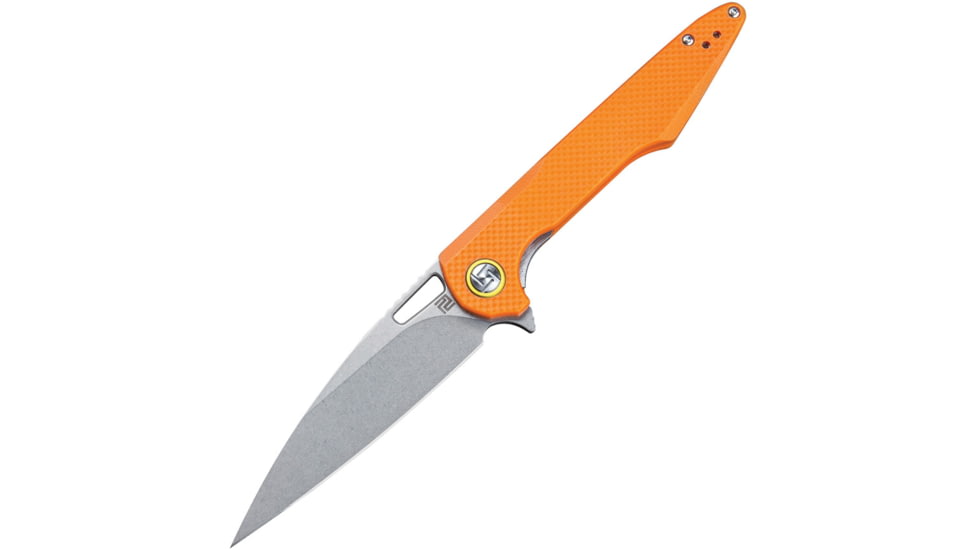 Artisan Cutlery Small Archaeo Linerlock Orange Folding Knife, 3 stonewash finish D2 tool steel blade, Orange textured G10 handle, 1821PS-OEF
