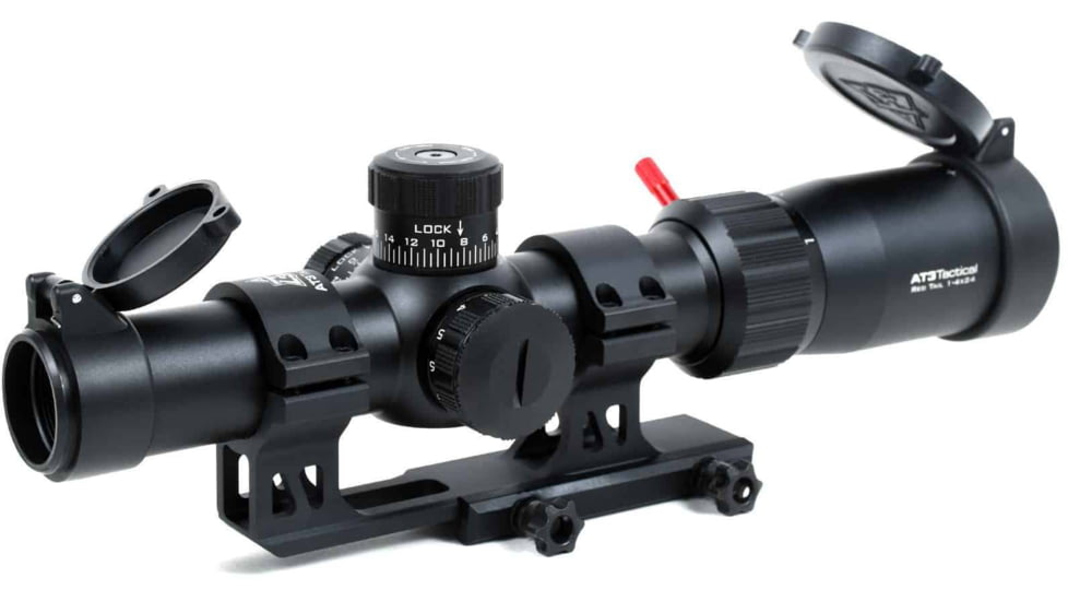 AT3 Tactical Red Tail LPVO 1-4x24 Rifle Scope with Mount 30mm SFP, Black, Illuminated BDC Reticle, MOA, with 30mm Cantilever Mount and Throw Lever, AT3-RT-1-4X24