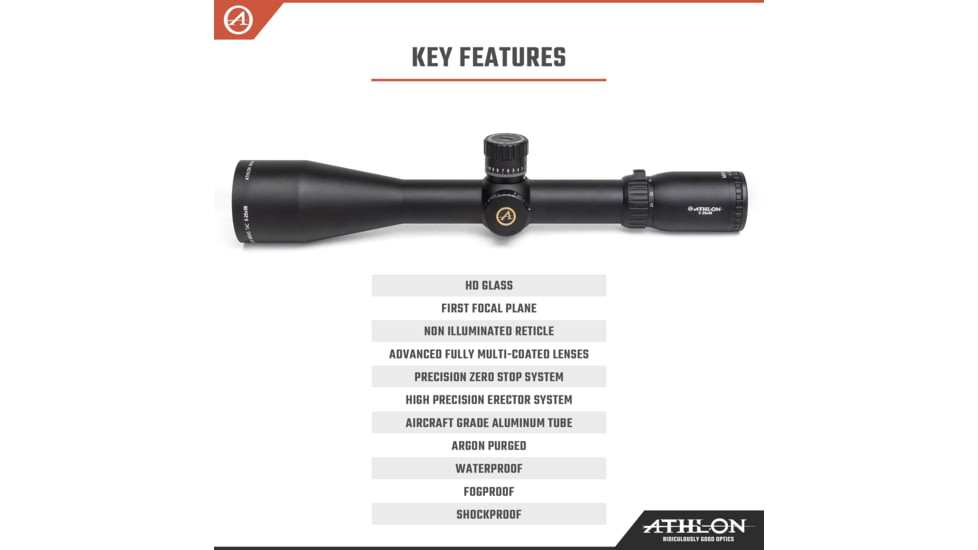 Athlon Optics Midas TAC Rifle Scope, 5-25x56mm, 34mm Tube, FFP, APLR4 FFP MOA Reticle, Matte, Black, 213080