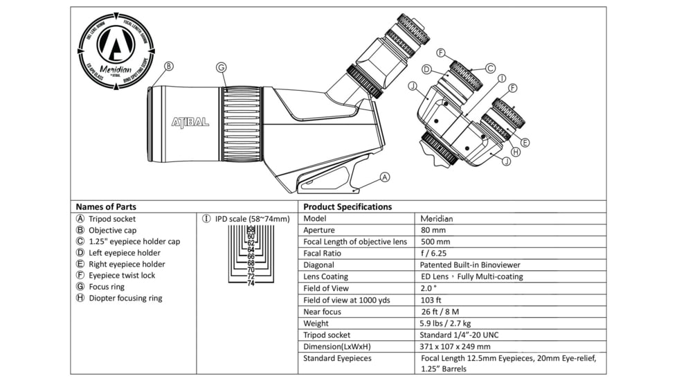 Atibal Meridian Bino Spotting Scope, 40x80mm, ED APO Lens, Black, 16 inches, AT-MER-BSS-40x80