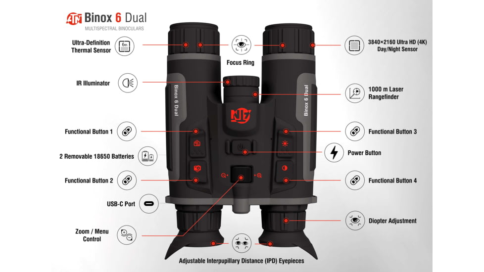 ATN Binox 6 Dual Multispectral 5.5-44x35mm Thermal Imaging Binocular w/Built-in Laser Rangefinder, 50 Hz, 384x288, Black, MSBNB6335A