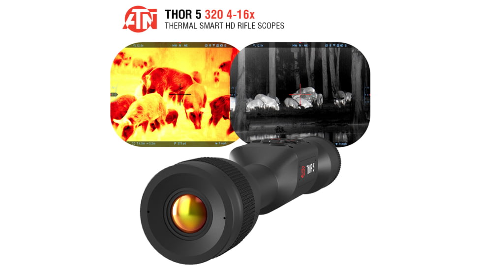ATN Thor 5 4-16x 320x240 12 Micron Smart HD Thermal Rifle Scope, 30mm Tube w/ Gen 5 Sensor, Multiple Patterns &amp; Color Options Reticle, Black, TIWST5325A