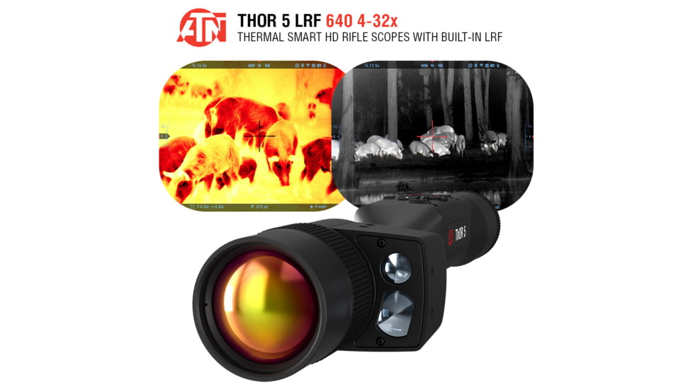 ATN Thor 5 LRF 4-32x 640x480 12 Micron Smart HD Thermal Rifle Scope, 30mm Tube w/ Gen 5 Sensor, Multiple Patterns &amp; Color Options Reticle, Black, TIWST5650LRF