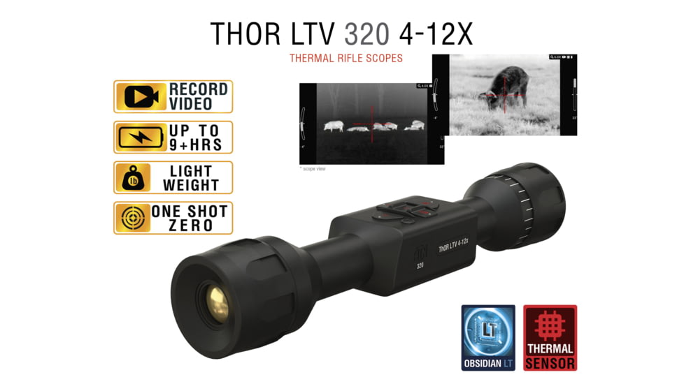 ATN Thor LTV 4-12x Thermal Imaging Rifle Scopes Gen 5, 320x240 w/ Video Recording, Black, TIWSTLTV325X