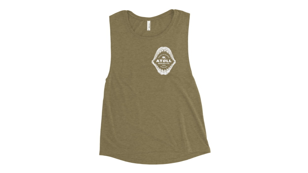 Atoll Board Co Ladies Muscle Tank with Atoll Shark Fossil Graphic - Heather Olive, L - Heather Olive,L, 64874A436C62EHeather-Olive-L