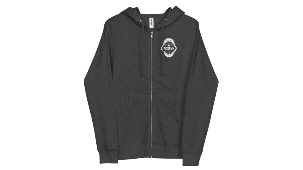 Atoll Board Co Unisex Fleece Zip Up Hoodie with Atoll Shark Fossil Graphic - Charcoal Heather, XL - Charcoal Heather,XL, 6487475929501Charcoal-Heather-XL