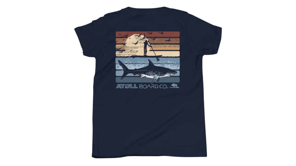 Atoll Board Co Youth Short Sleeve T-Shirt with Atoll Paddle Boarder and Shark Graphic - Navy, L - Navy,L, 630D42F1E3E6BNavy-L