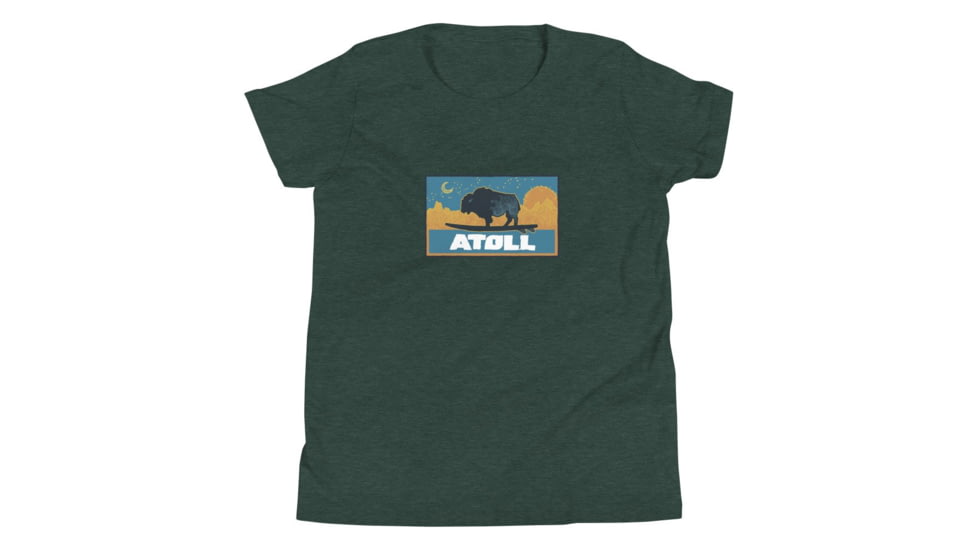 Atoll Board Co Youth Short Sleeve T-Shirt with Atoll Sunset Bison Night Graphic - Heather Forest, M - Heather Forest,M, 630D3F0D83E6BHeather-Forest-M