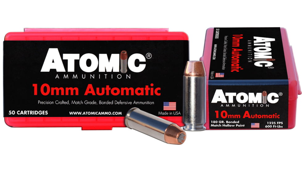 Atomic Ammunition Pistol 10mm Auto 180 Grain Bonded Match Hollow Point Nickel Plated Brass Cased Pistol Ammo, 50 Rounds, 00432