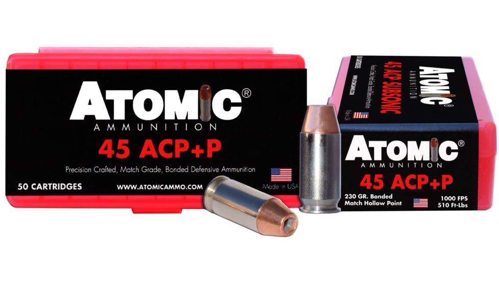 Atomic Ammunition Pistol .45 ACP 230 Grain Bonded Match Hollow Point Nickel Plated Brass Cased Pistol Ammo, 50 Rounds, 00433