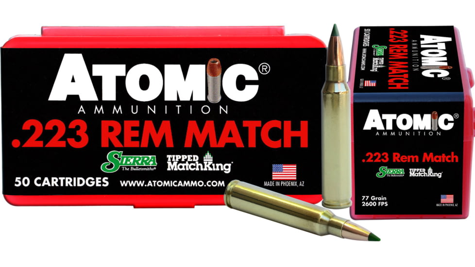 Atomic Ammunition MatchKing .223 Remington 77 Grain Spitzer Boat Tail Brass Cased Rifle Ammo, 50 Rounds, 00452