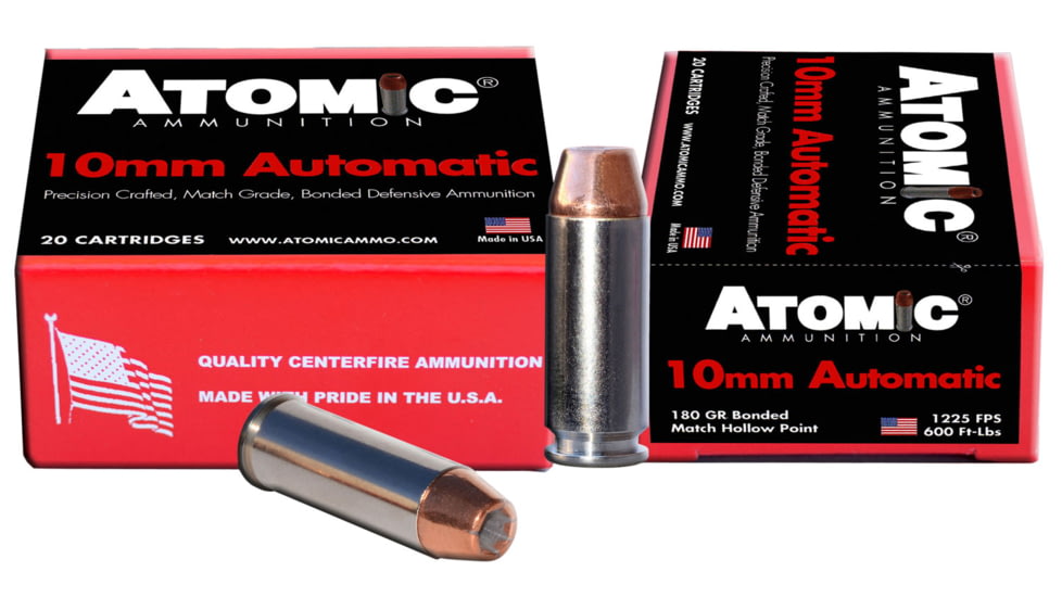 Atomic Ammunition Pistol 10mm Auto 180 Grain Bonded Match Hollow Point Nickel Plated Brass Cased Pistol Ammo, 20 Rounds, 00457