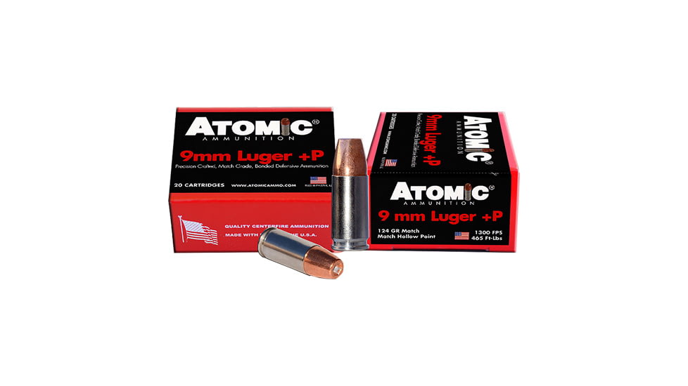 Atomic Ammunition 9mm +P, 124 Grain, BJHP, Brass Cased, Centerfire Pistol Ammo, 20 Rounds, A4546