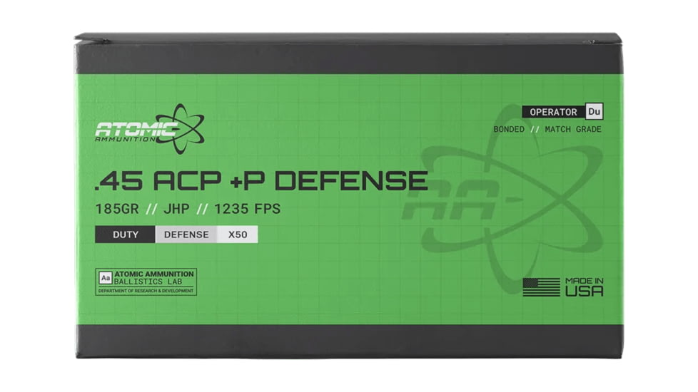 Atomic Ammunition Defense .45 ACP +P 185grain Jacketed Hollow Point Brass Cased Pistol Ammo, 50 Rounds, CART-45ACP+P-185GR-DEF