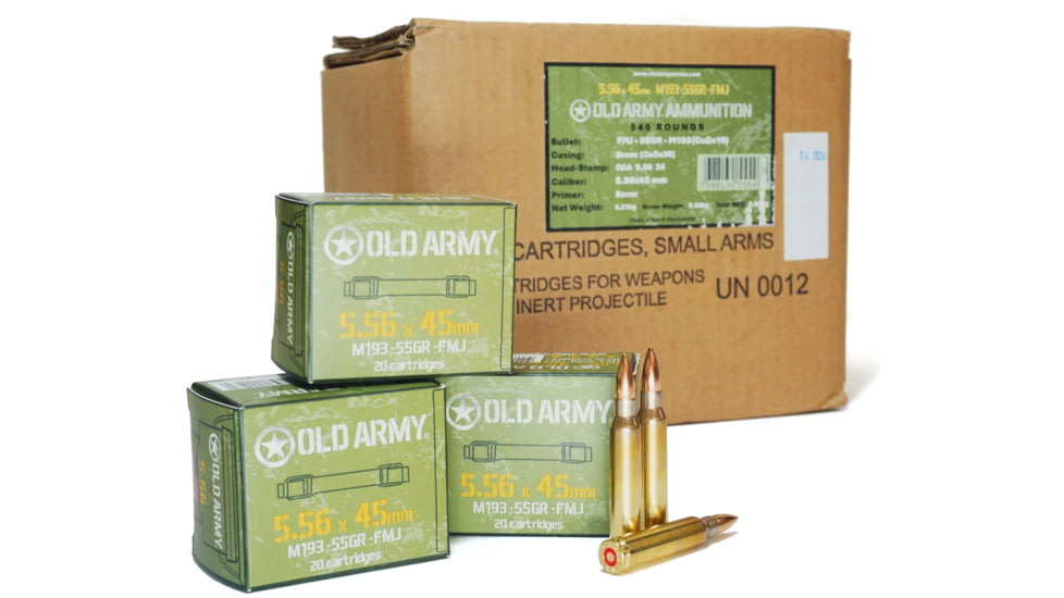 ATS Ammunition Old Army Ammo 5.56x45mm 55 Grain Metall Jacket Brass Centerfire M193 Rifle Ammo, 20 Rounds, OA-556X45-B-55G