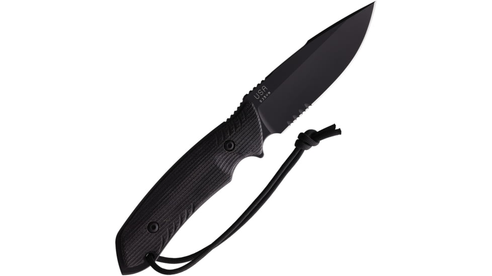 Attleboro Knives The Attleboro Fixed Blade Knife, 9.75in Overall, 4.5in, S35VN, Black Cerakote Partially Serrated Drop Point Blade, Black Canvas Micarta Handle, Boltaron Sheath, AK-10111