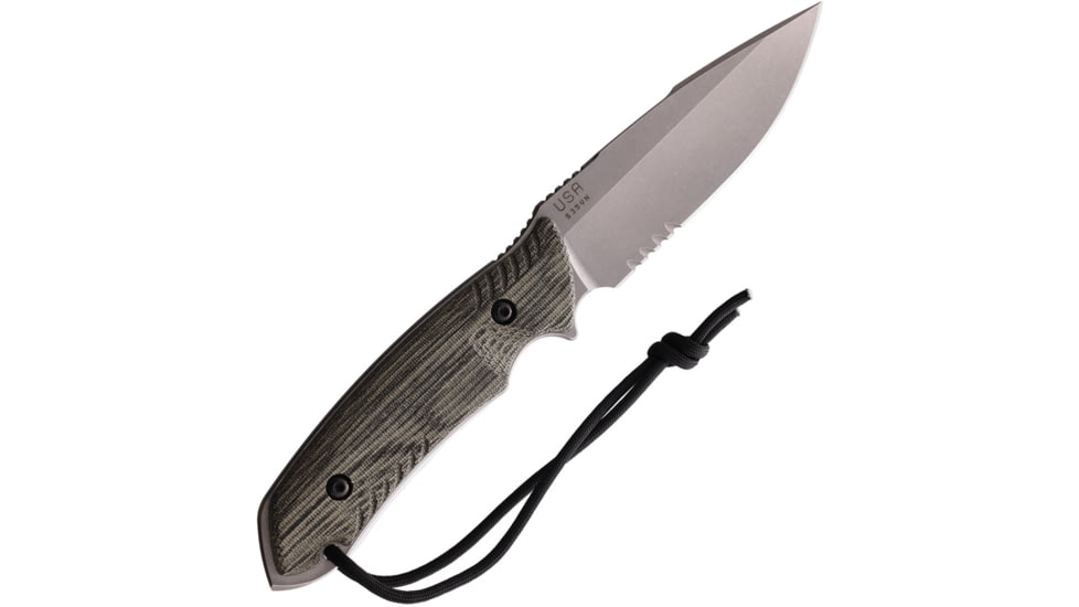 Attleboro Knives The Attleboro Fixed Blade Knife, 9.75in Overall, 4.5in, S35VN, Stonewash Partially Serrated Drop Point Blade, Black Canvas Micarta Handle, Boltaron Sheath, AK-10114