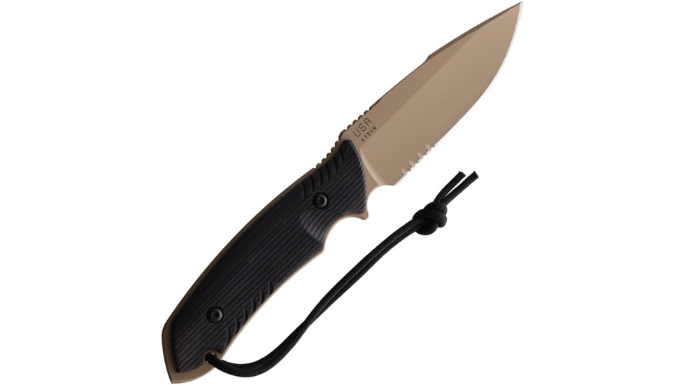 Attleboro Knives The Attleboro Fixed Blade Knife, 9.75in Overall, 4.5in, S35VN, Coyote Brown Cerakote Partially Serrated Drop Point Blade, Black Canvas Micarta Handle, Boltaron Sheath, AK-10112