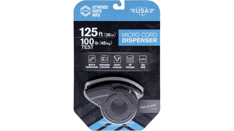 Atwood Mini TRD Micro Cord Dispenser, 125 Ft Of Black Micro Cord, 100 Lb Test Tensile Strength, Recessed Cutting Blade, Reloadable And Reusable, Impact Resistant, Black, MTRD01 - BLACK