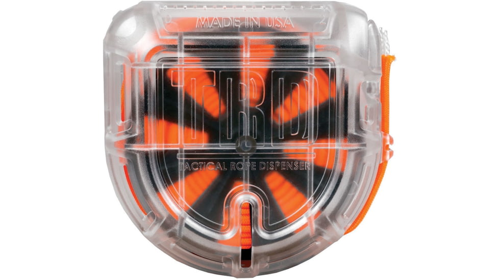 Atwood Tactical Rope Dispenser, Orange 550 Paracord With Seven Strand Core, Tangle Free Cord Delivery, High Carbon Steel Cutting Blade, Impact Resistant Clear Dispenser, Belt Clip, 50 Ft, ARMTRDCLEAR
