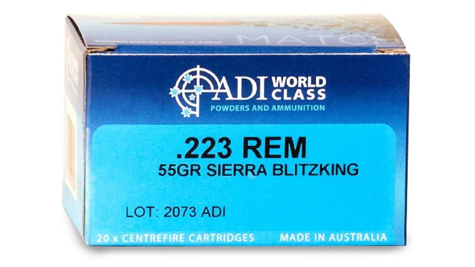 Australian Munitions .223 Remington, 55 Grain Sierra BlitzKing, Polymer Tipped, Brass Cased, Centerfire Rifle Ammo, 20 Rounds, 9332153003166