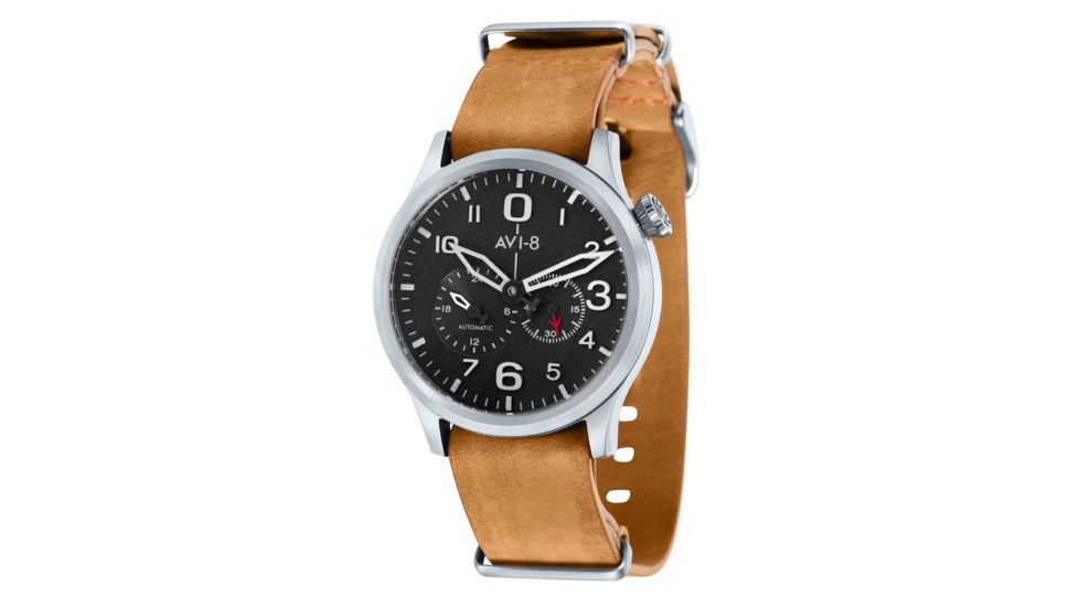 AVI-8 Flyboy Watch Japan Automatic 2 Hands with 24 hours and Small Second, Black/Tan, AV-4048-01
